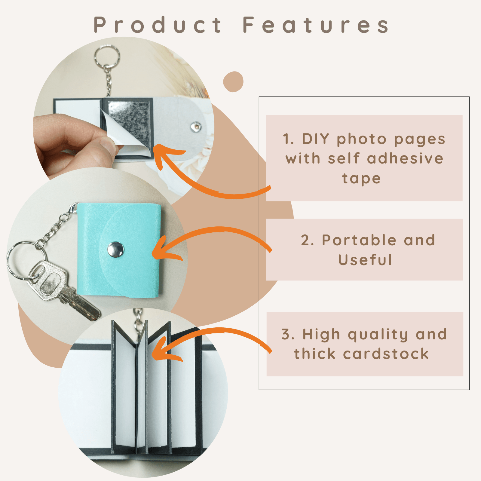 Mini Photo Keychain,Picture Keychains(Light Brown) Personalized Album for Family, Boyfriend, Couples, Dog, Friends - uniqicon