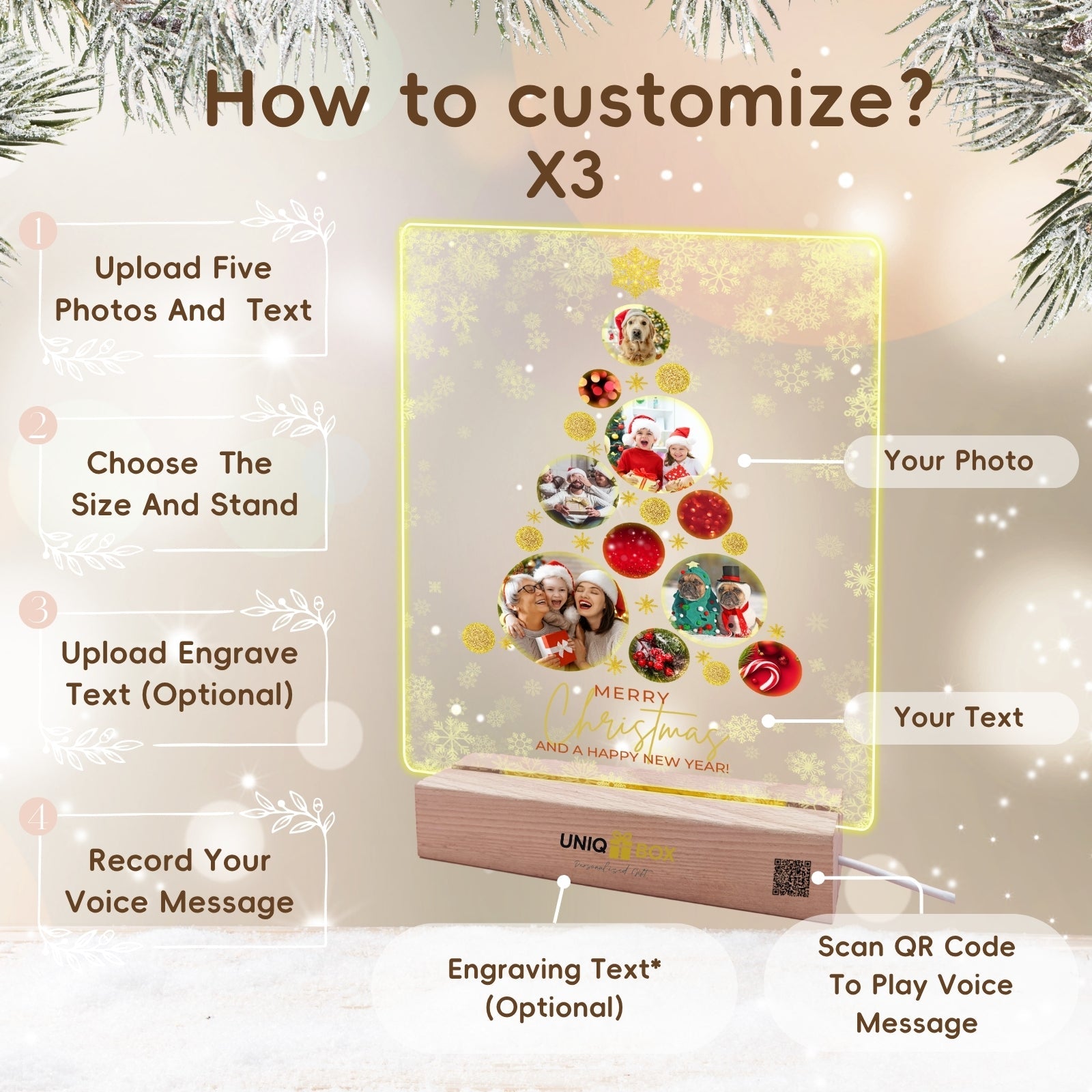 Personalised Christmas Tree Photo Frame, Light Up Acrylic Plaque with Multiple Family Photo for Dad Daddy Mum Nan from Son Duaghter,Customised Pictures Lights Gifts for Best Friend Women Men Him Her - uniqicon